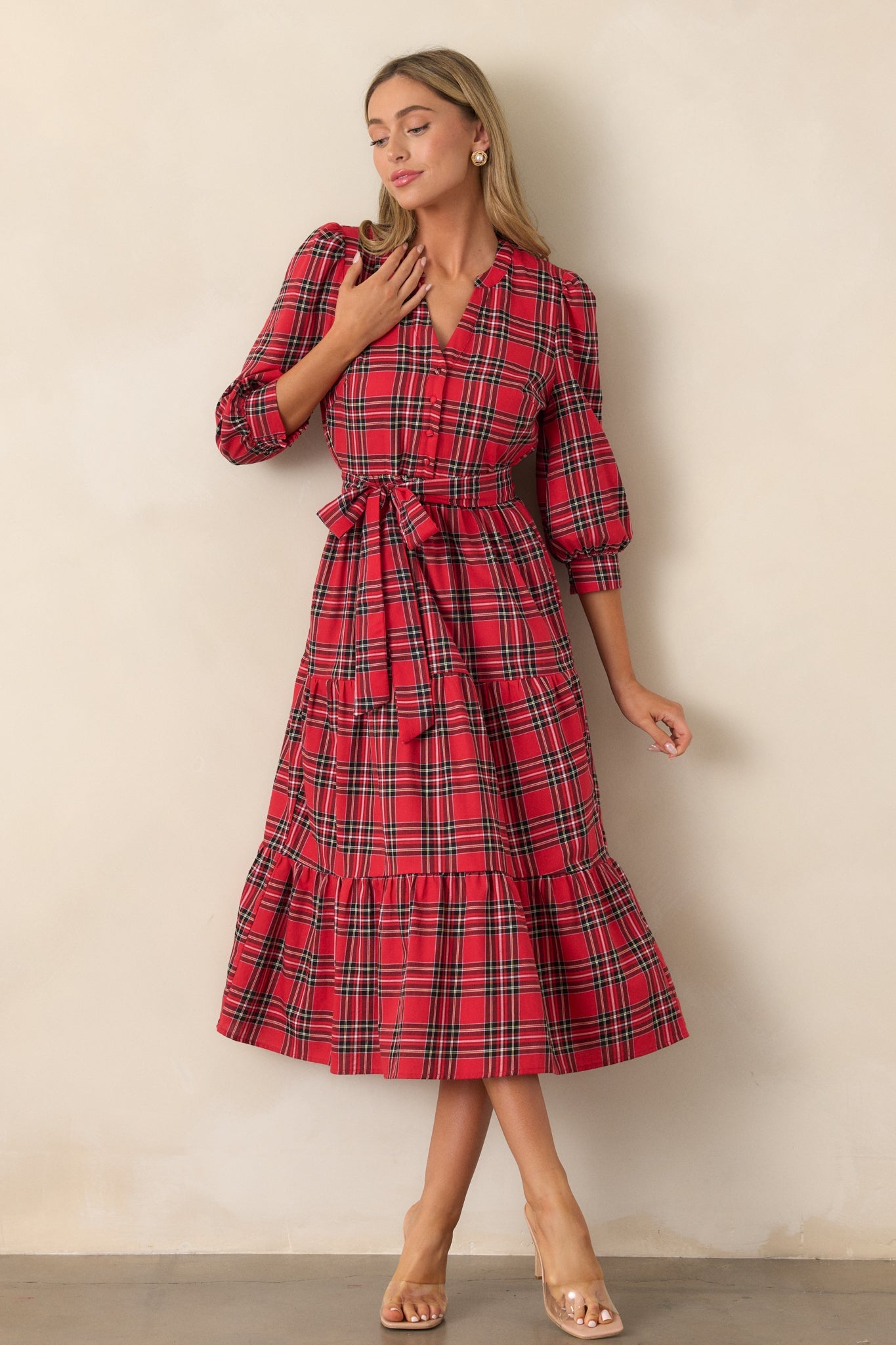 A Simple Glow Cotton Red Long Sleeve Midi Dress