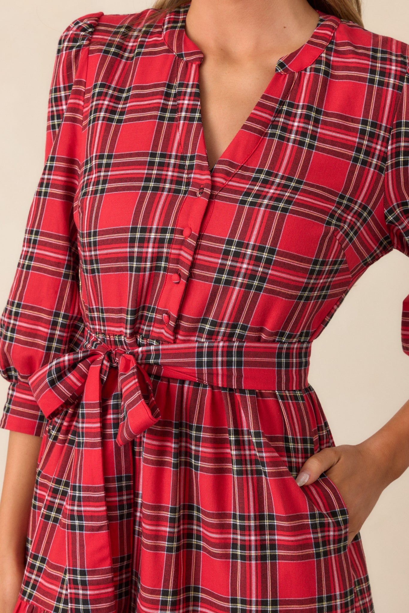 A Simple Glow Cotton Red Long Sleeve Midi Dress