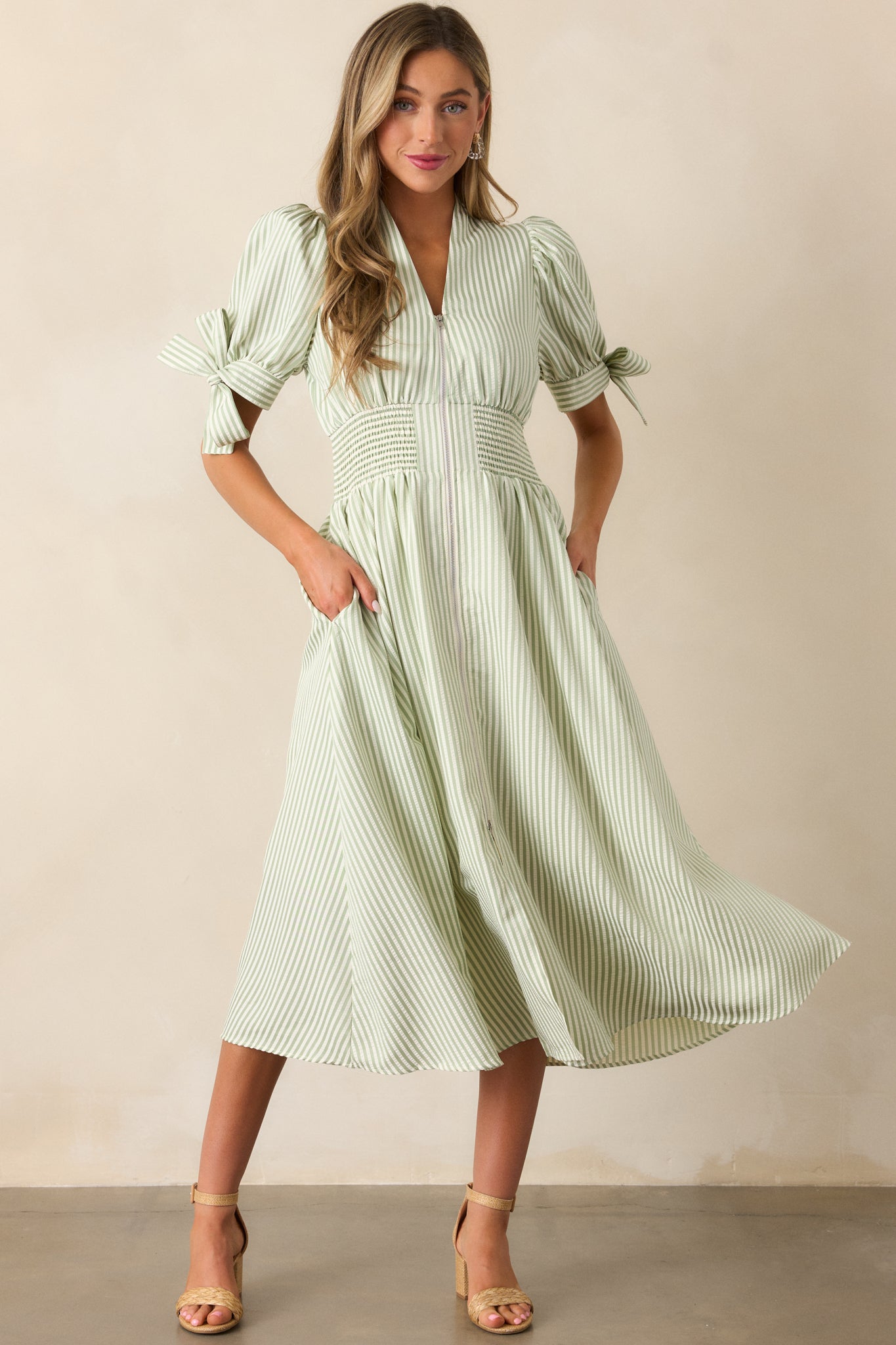 Afternoon Tea Green Stripe Zip Front Midi Dress