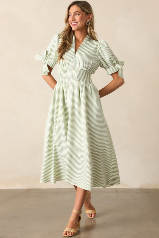 Afternoon Tea Green Stripe Zip Front Midi Dress
