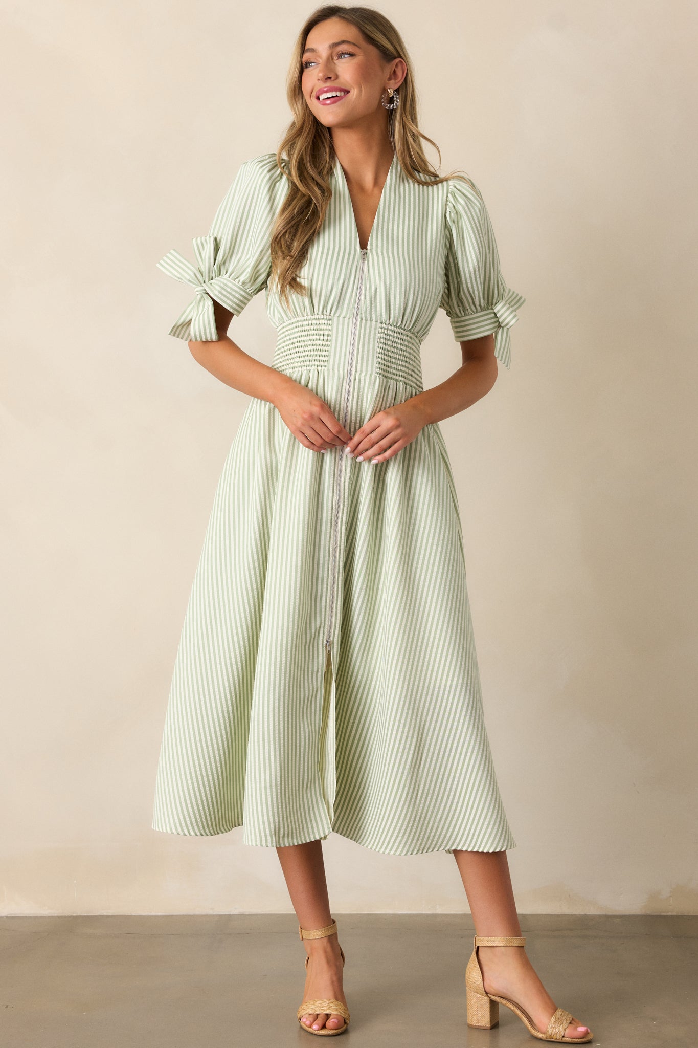 Afternoon Tea Green Stripe Zip Front Midi Dress