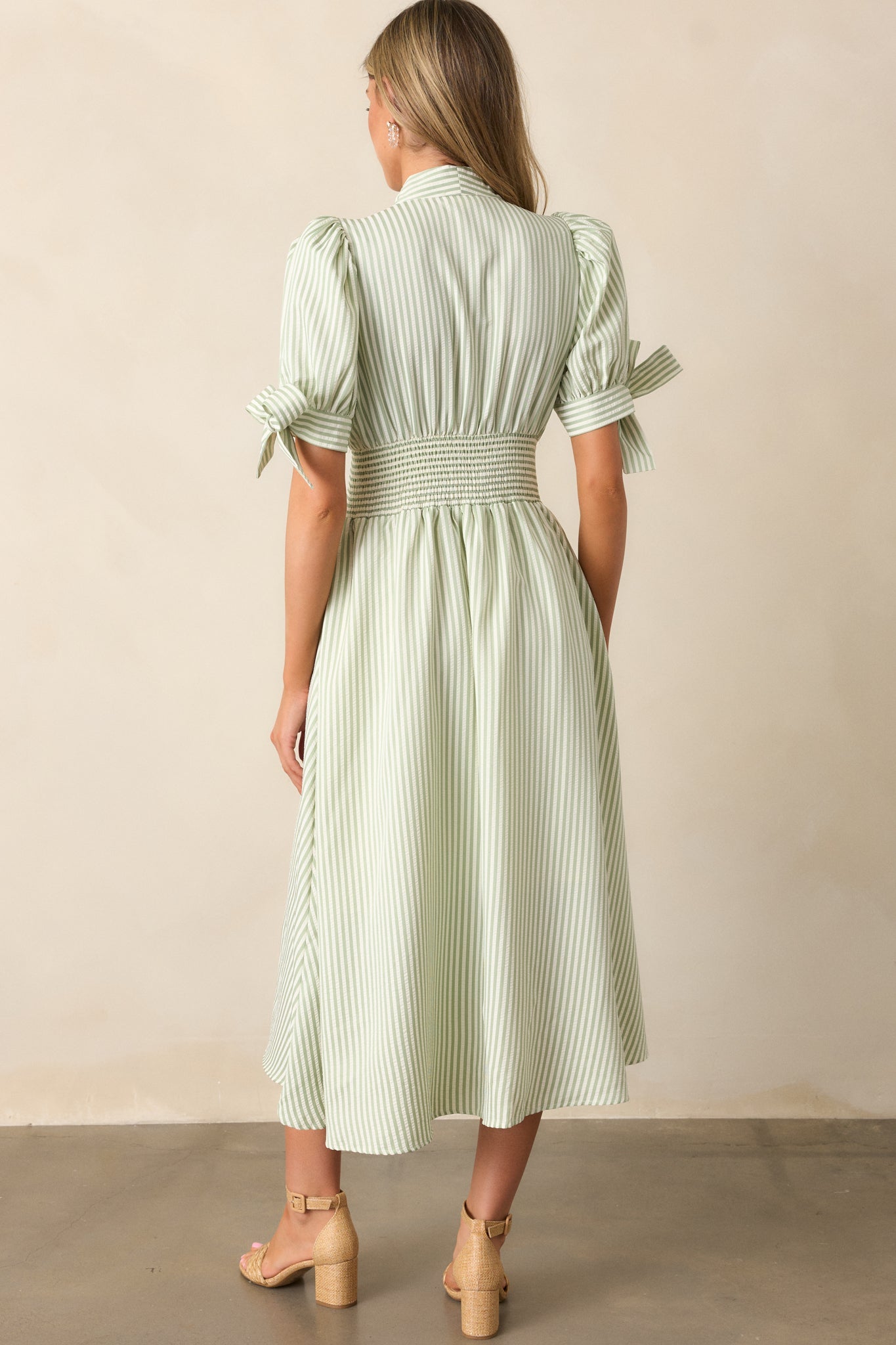 Afternoon Tea Green Stripe Zip Front Midi Dress