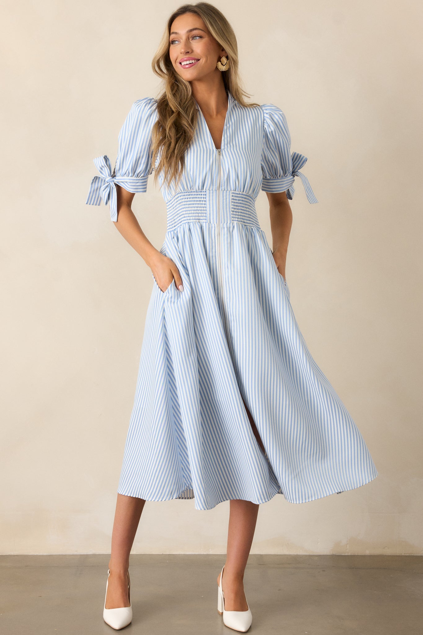 Afternoon Tea Sky Blue Stripe Zip Front Midi Dress