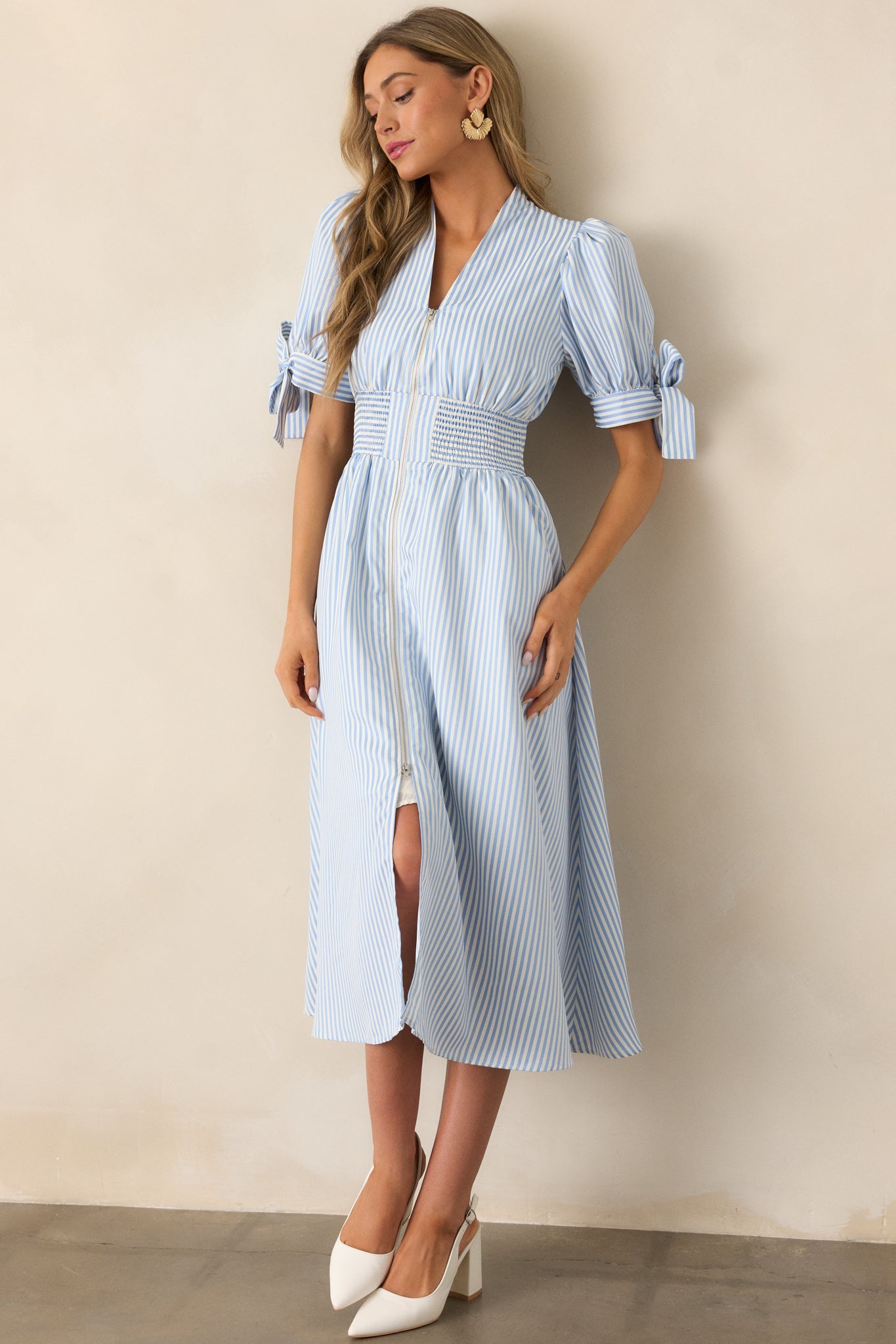 Afternoon Tea Sky Blue Stripe Zip Front Midi Dress