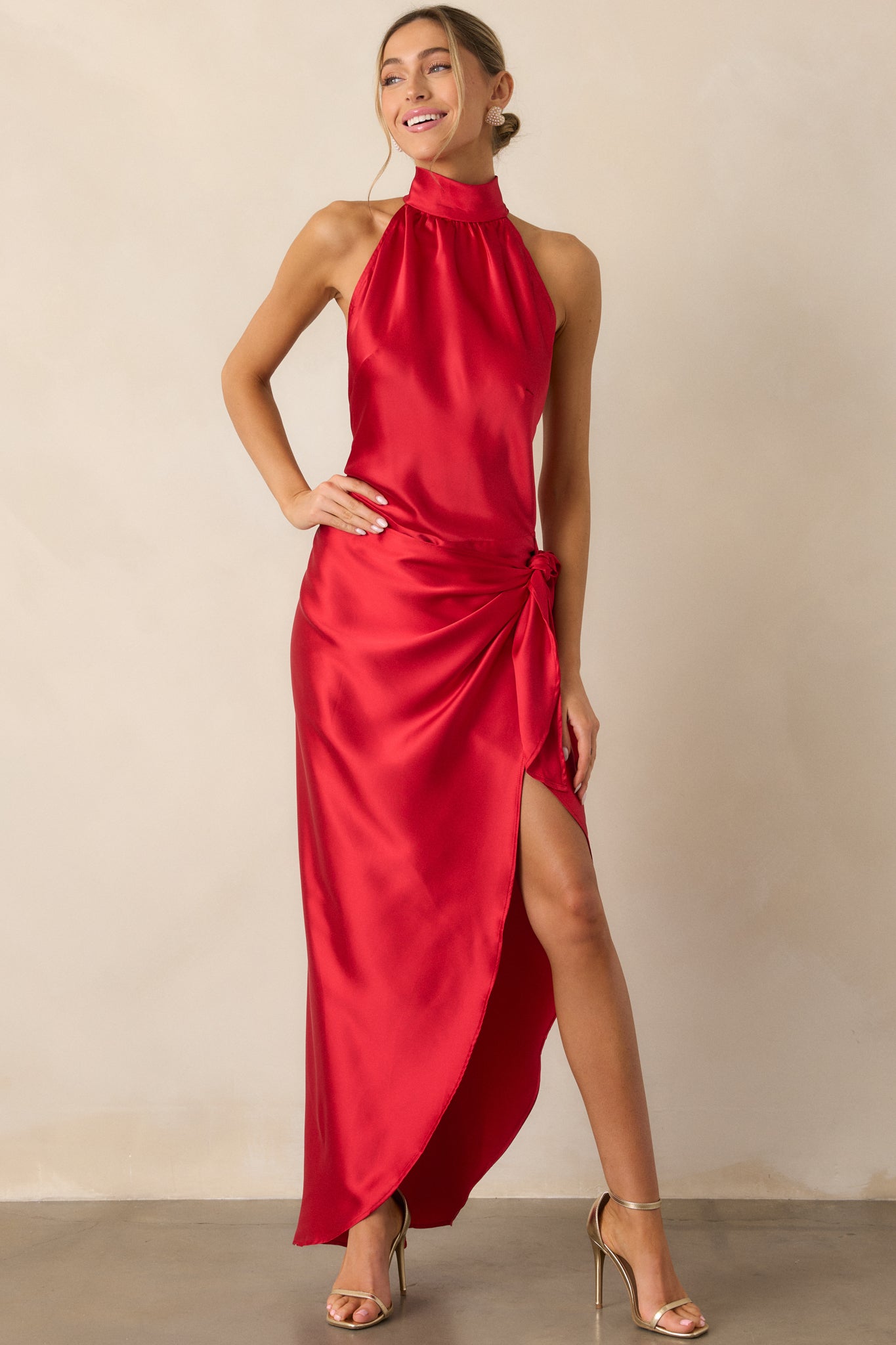 A Night Out Red Satin Halter Neck Maxi Dress