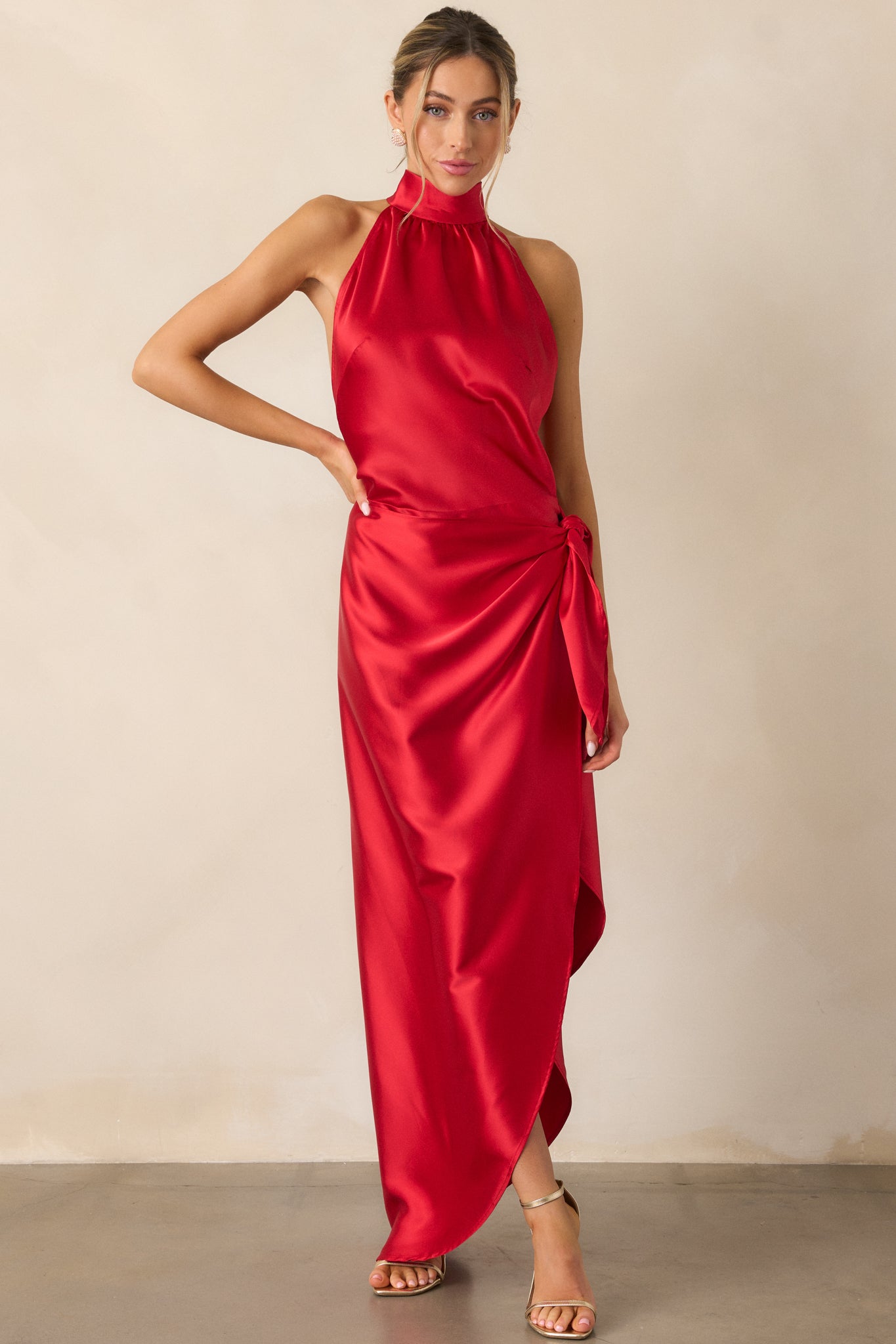 A Night Out Red Satin Halter Neck Maxi Dress