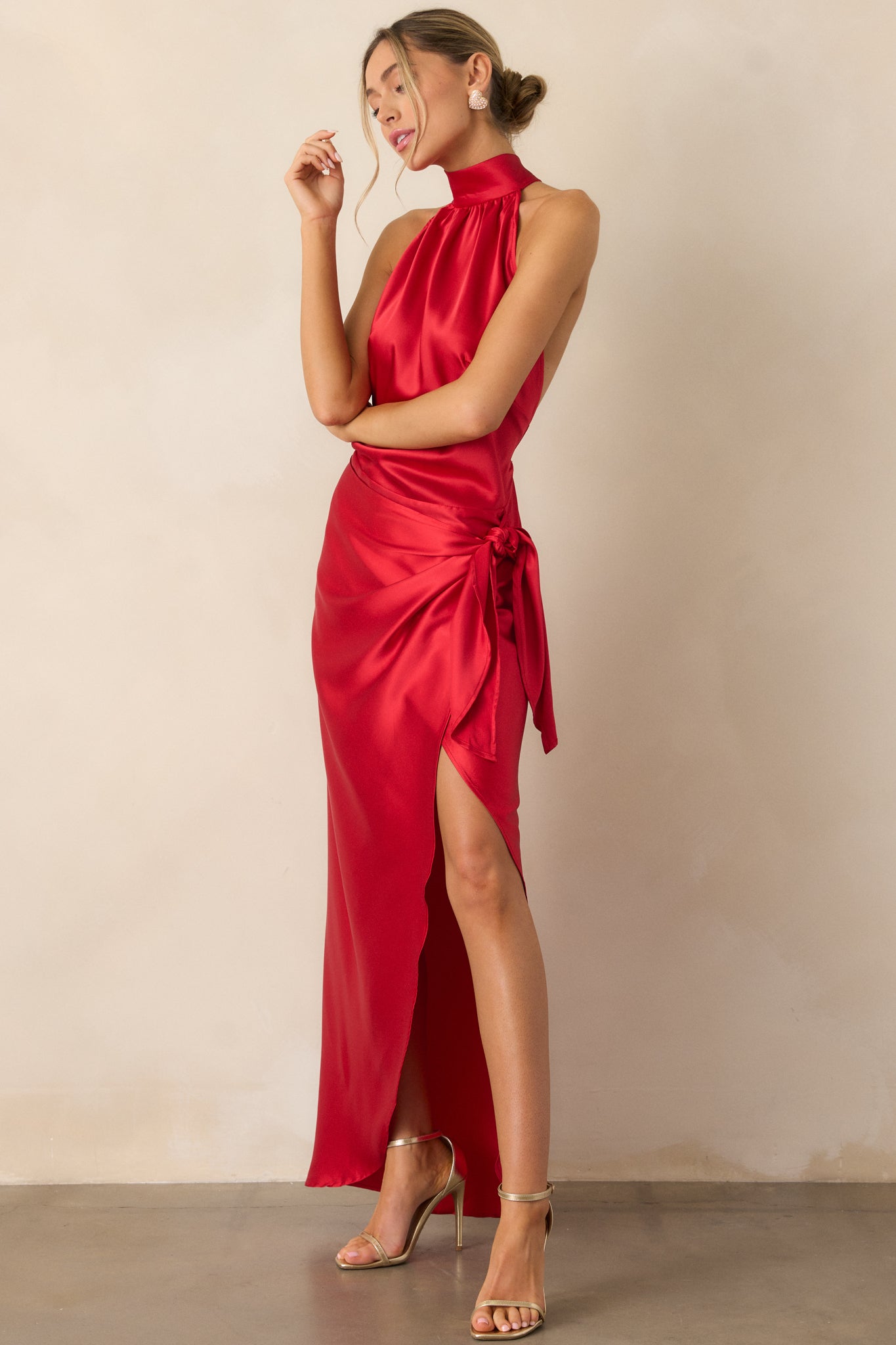 A Night Out Red Satin Halter Neck Maxi Dress
