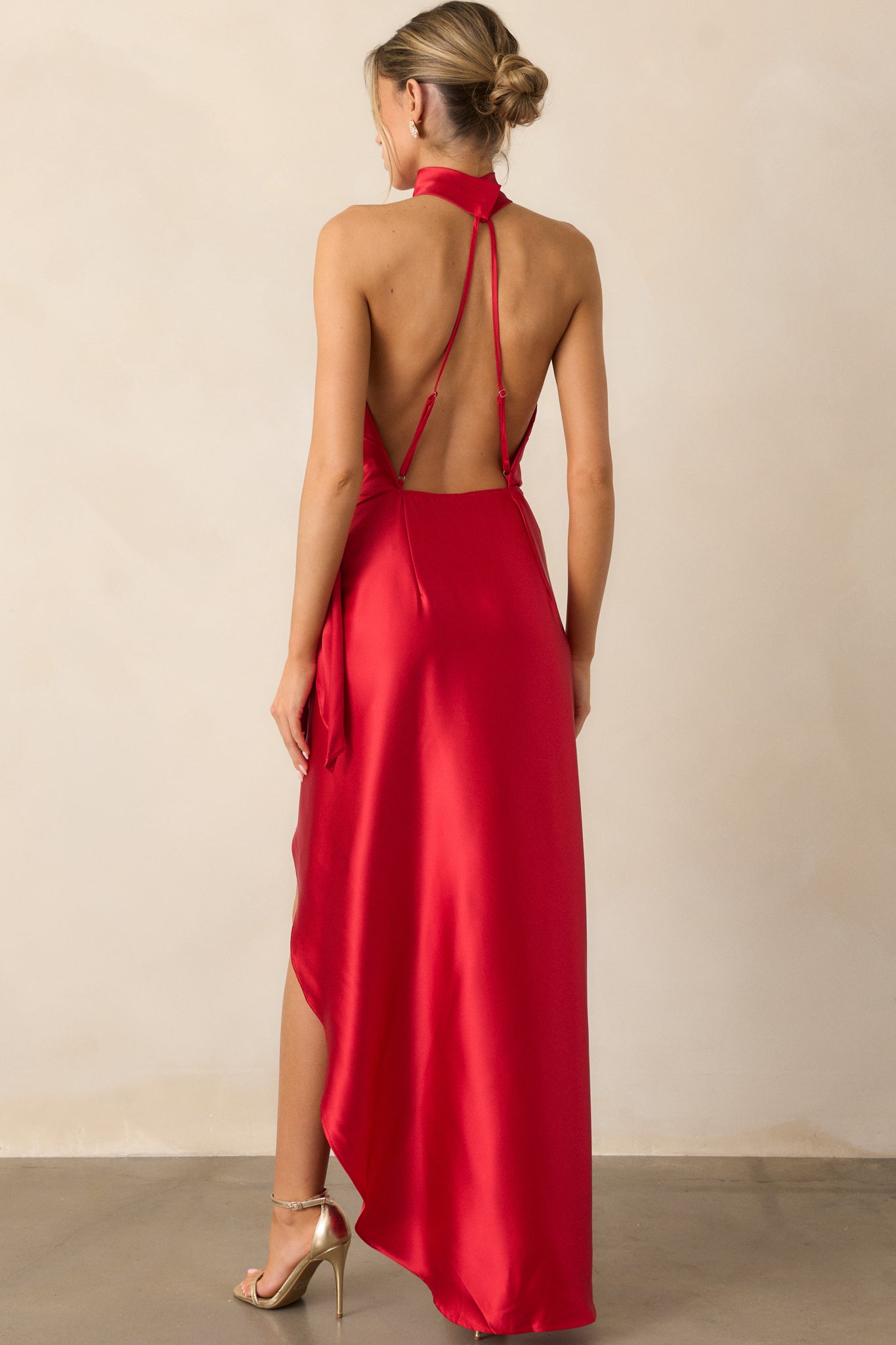 A Night Out Red Satin Halter Neck Maxi Dress