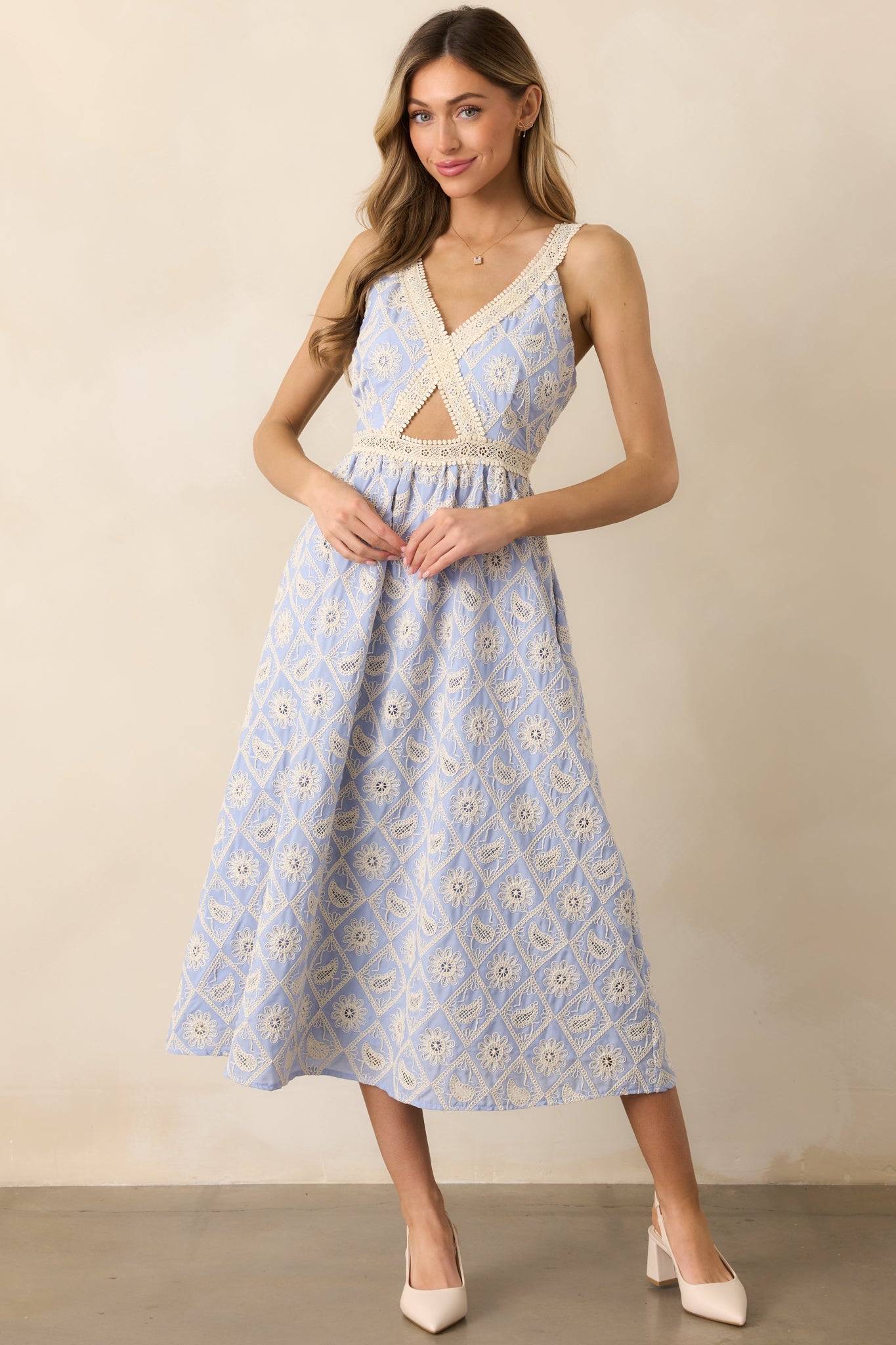 A Touch Of Grace Periwinkle Embroidered Cutout Midi Dress