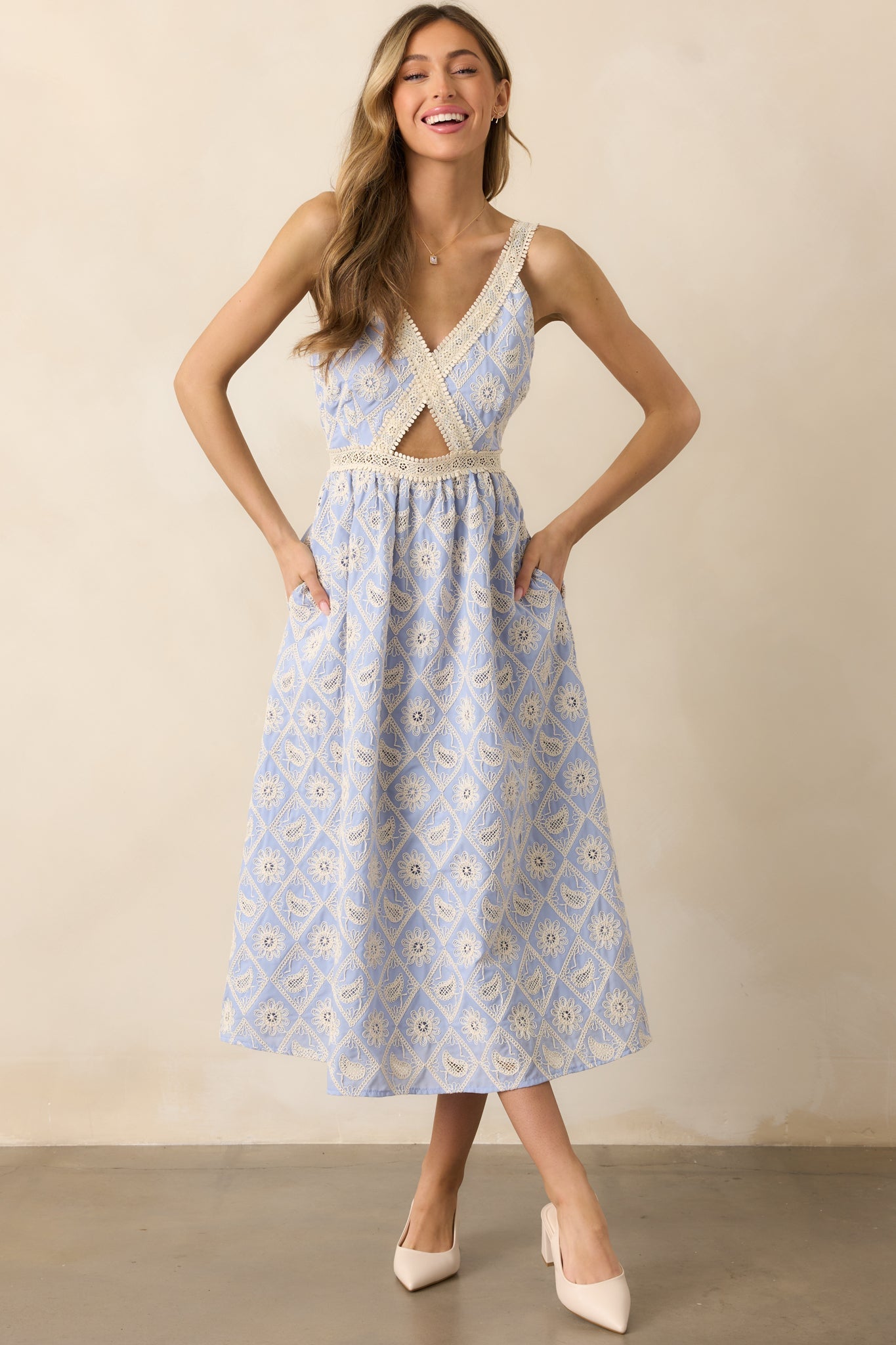 A Touch Of Grace Periwinkle Embroidered Cutout Midi Dress