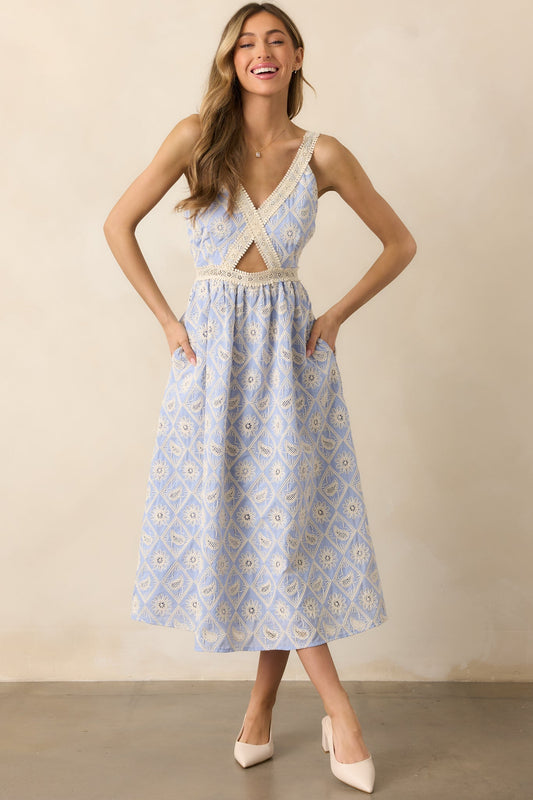 A Touch Of Grace Periwinkle Embroidered Cutout Midi Dress