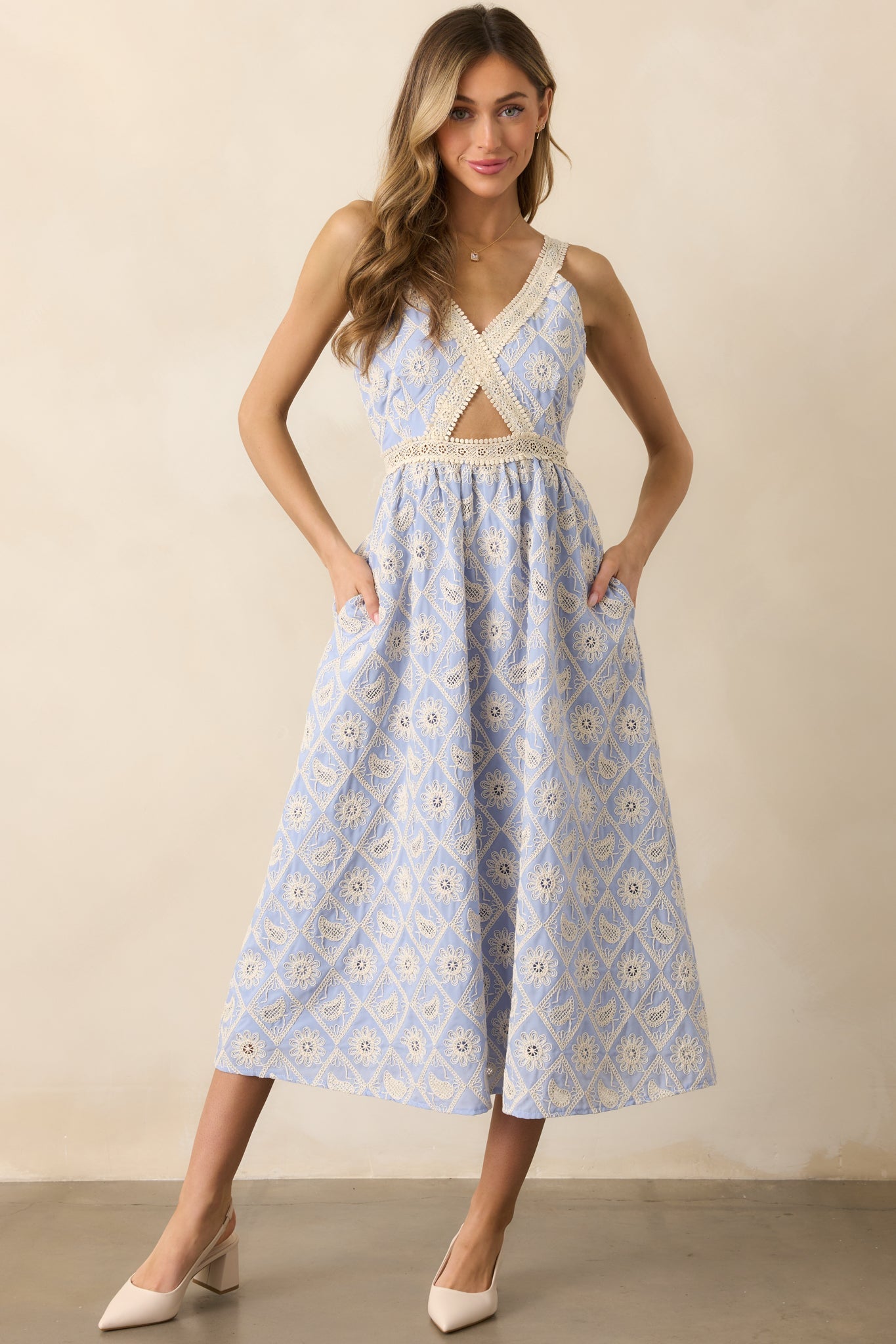 A Touch Of Grace Periwinkle Embroidered Cutout Midi Dress