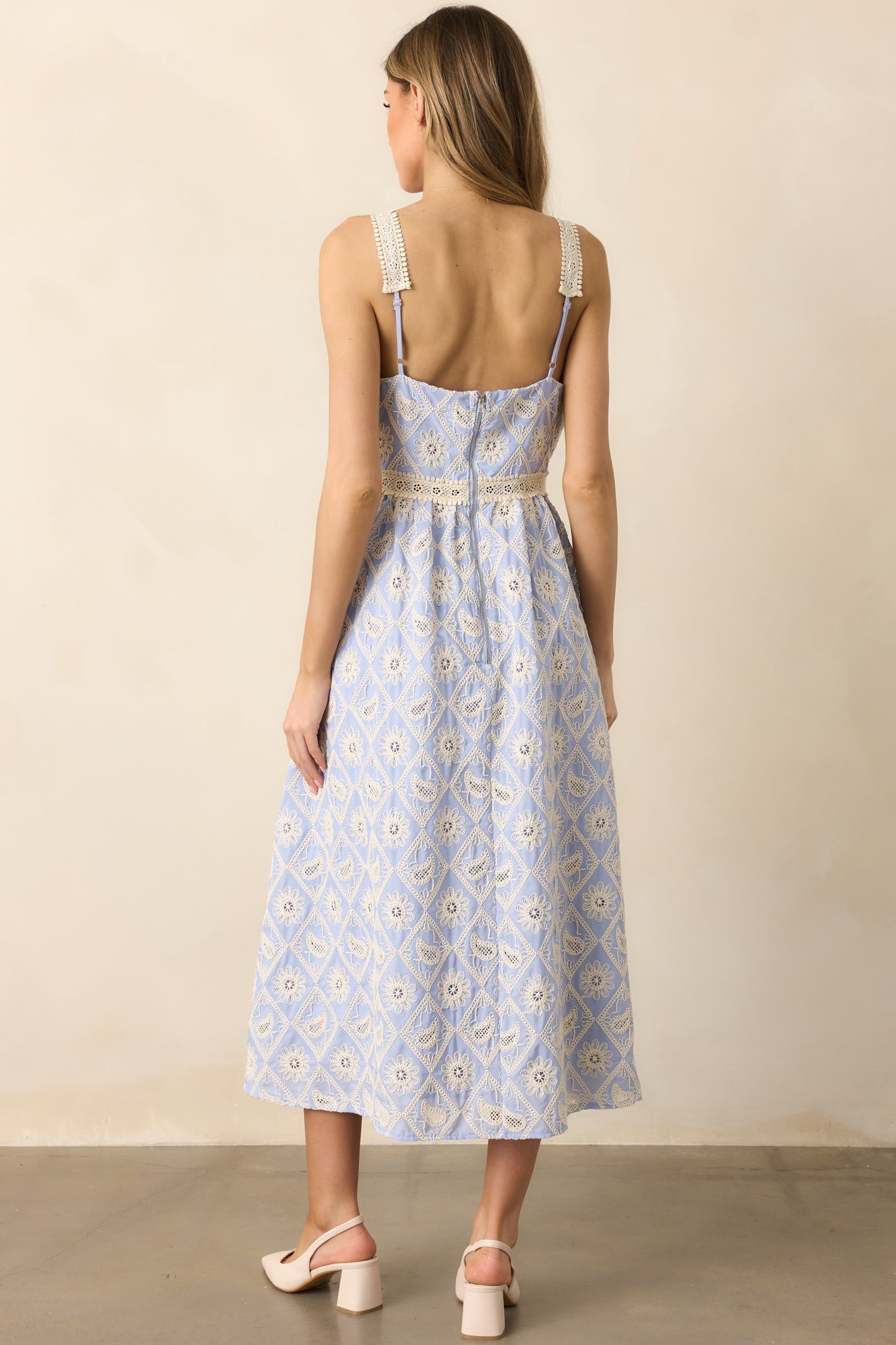A Touch Of Grace Periwinkle Embroidered Cutout Midi Dress