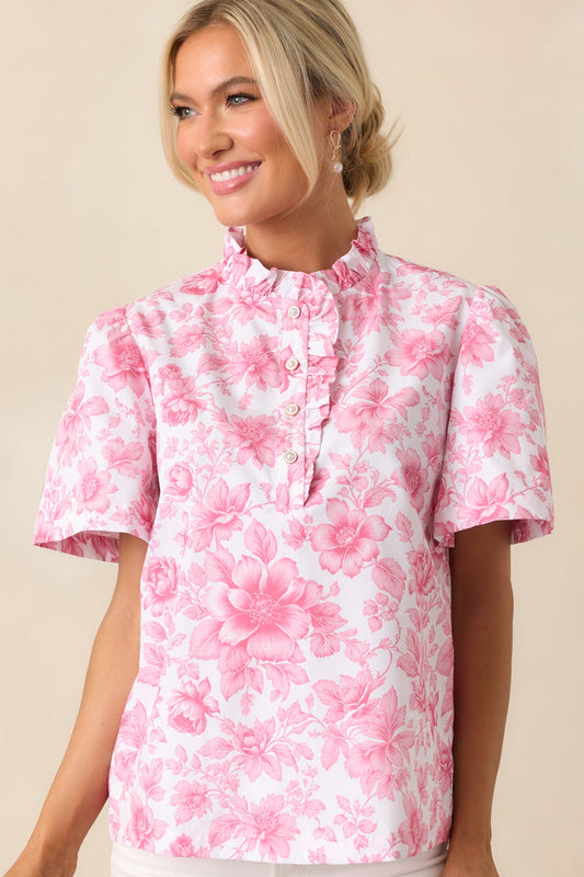 Avery La France Dianthus Pink Floral Cotton Ruffle Top