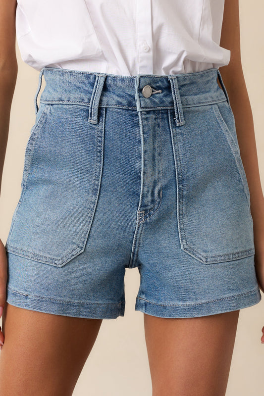 A Classic Touch Light Wash Cotton High Waisted Denim Shorts