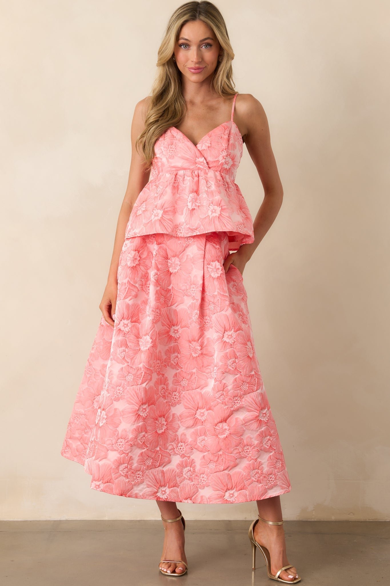 Beauty Of Life Pink Coral Floral Jacquard Midi Skirt