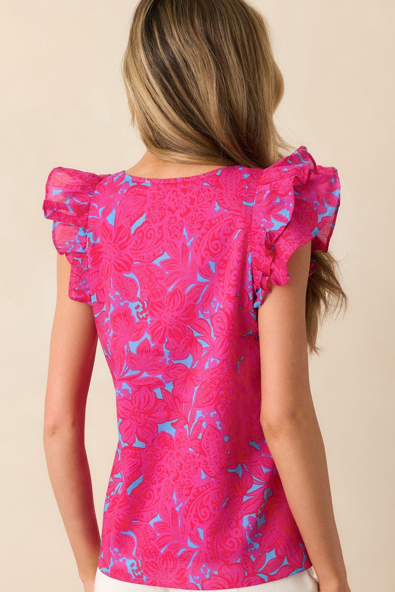 Always Remember Fuchsia Floral Cotton Flutter Sleeve Top