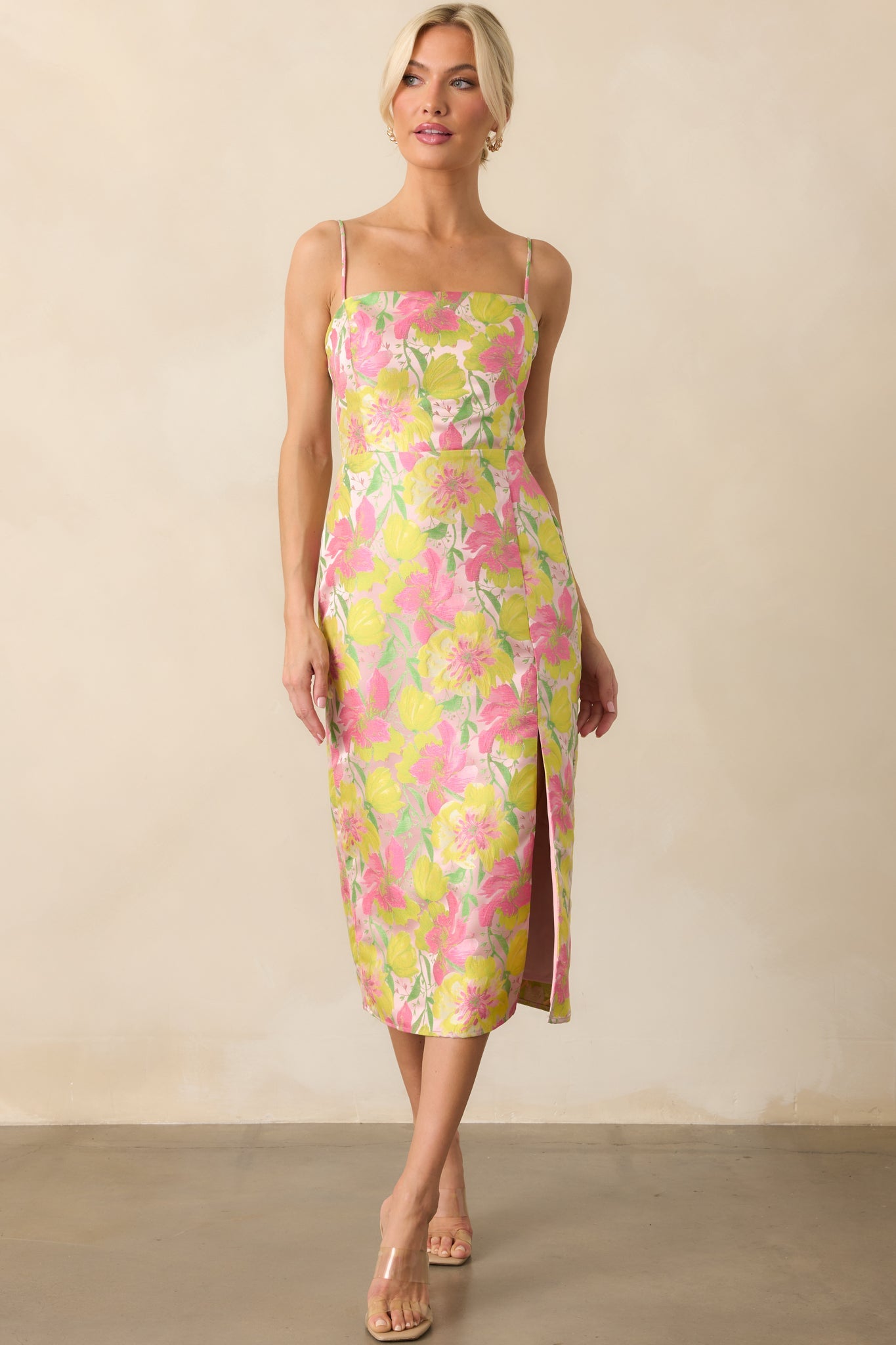 All Of Your Greatness Light Pink Floral Print Jacquard Midi Dress