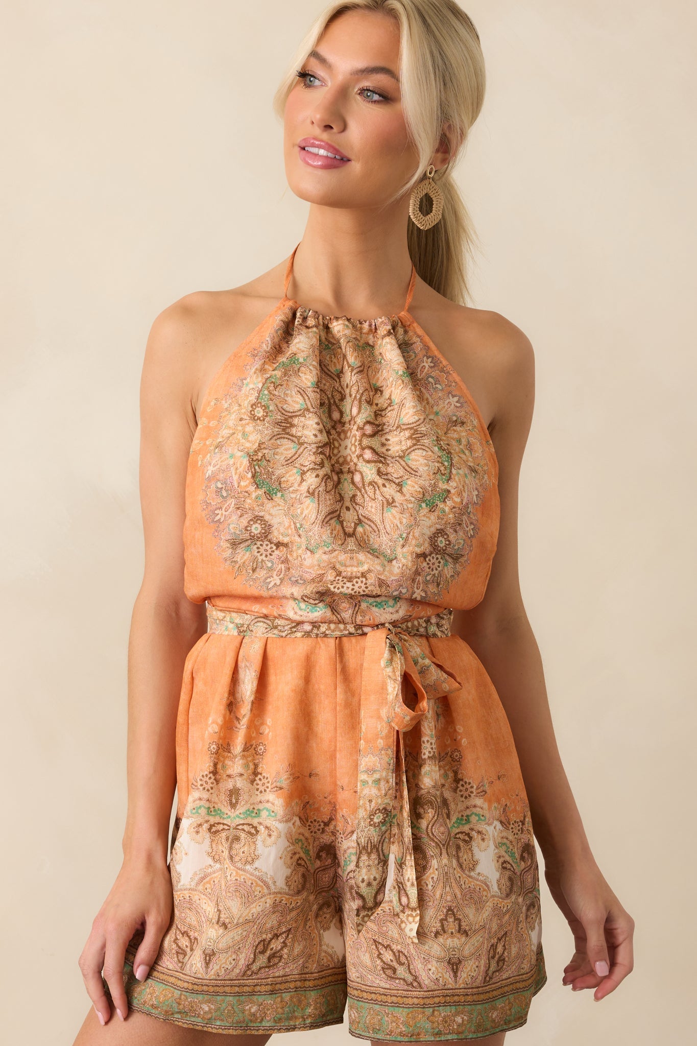 All I Wanted Light Orange Multi Print Halter Open Back Romper