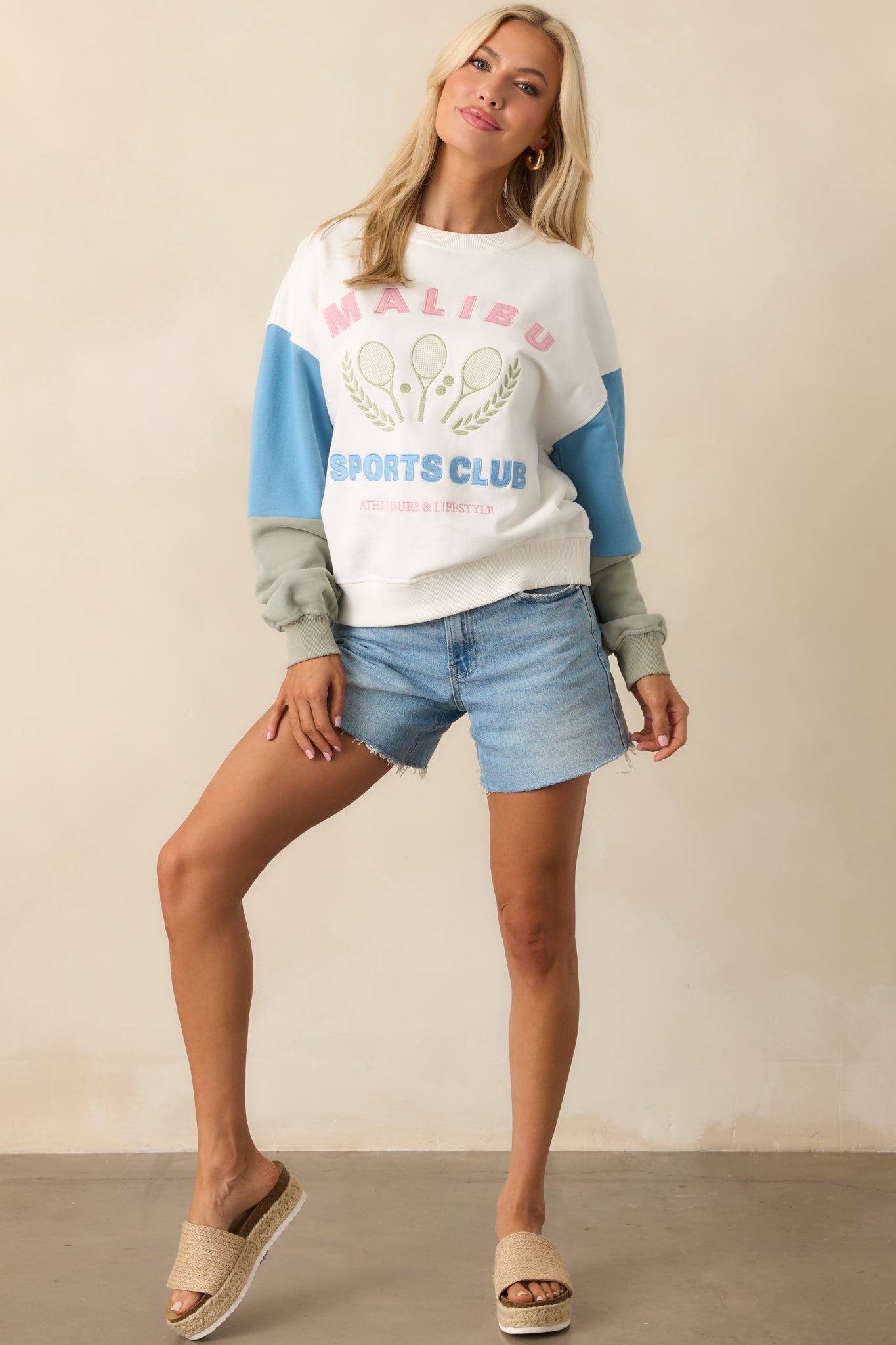 Aced It White Colorblock Embroidered Sweatshirt
