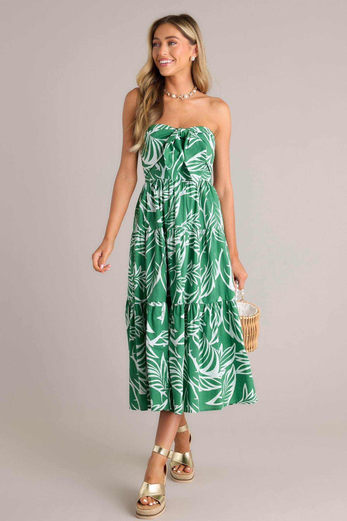 Beachfront Kelly Green 100% Cotton Strapless Midi Dress
