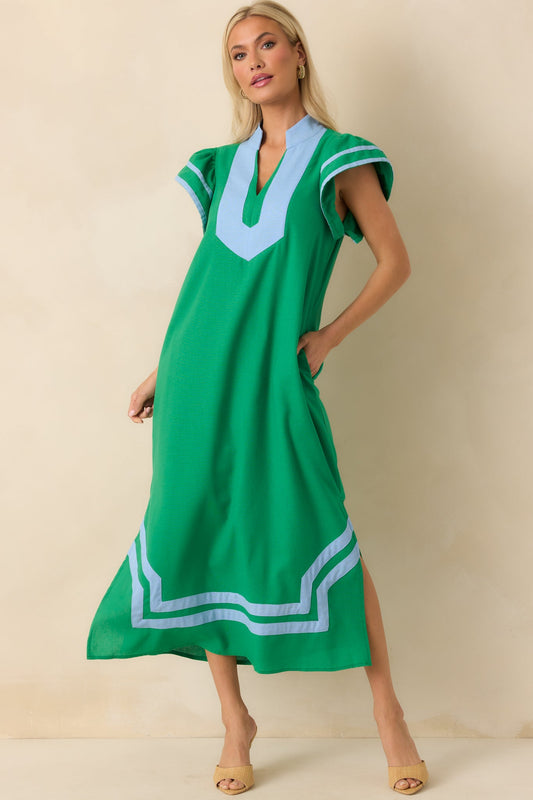As Good As It Gets Green Linen Cotton Blend Kaftan Maxi Dress