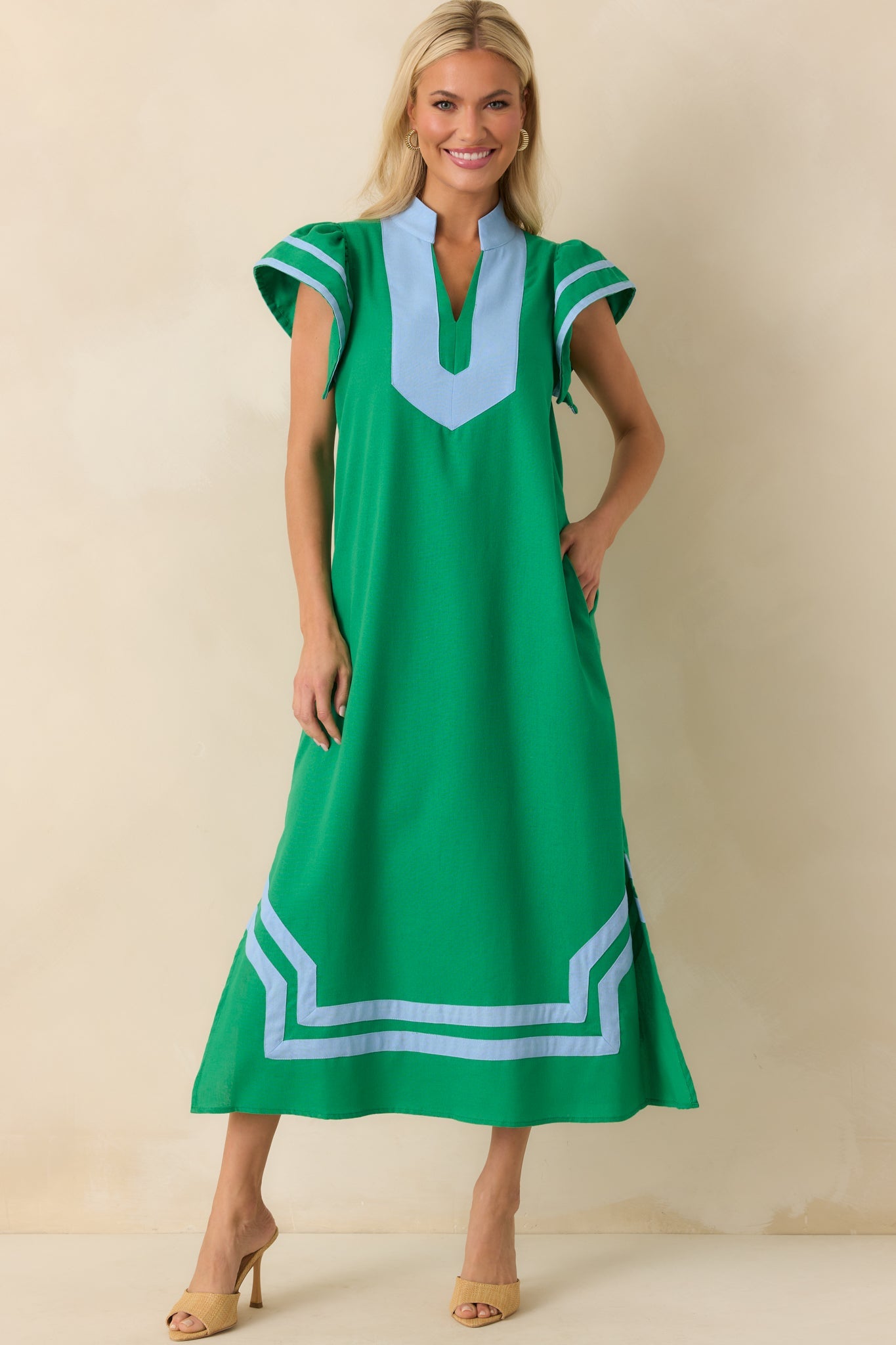 As Good As It Gets Green Linen Cotton Blend Kaftan Maxi Dress
