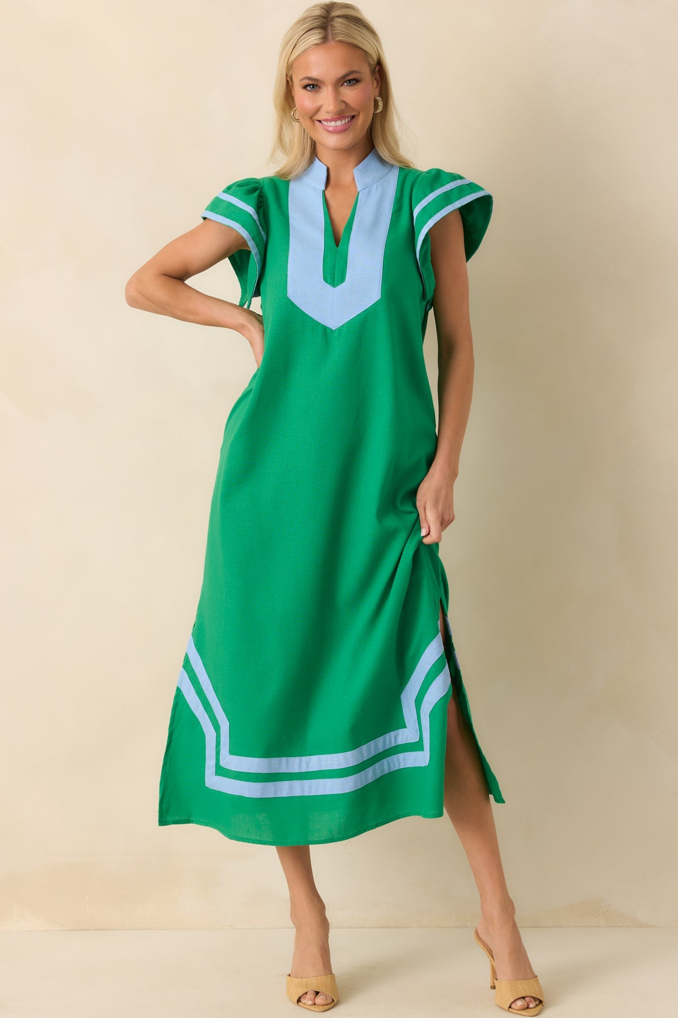As Good As It Gets Green Linen Cotton Blend Kaftan Maxi Dress