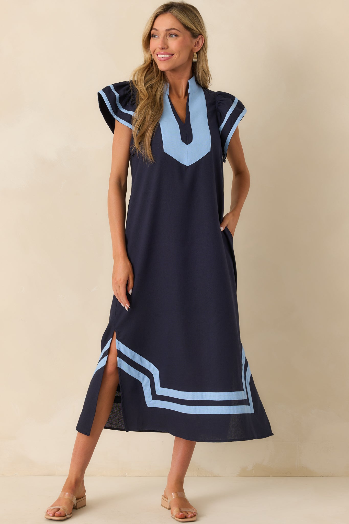 As Good As It Gets Navy Linen Cotton Blend Kaftan Maxi Dress