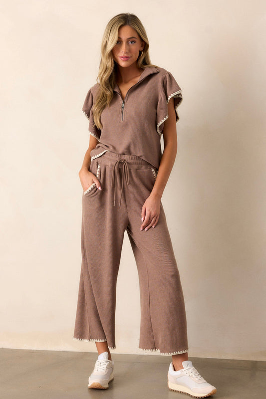 Anytime Now Mocha Blanket Stitch Wide Leg Pants