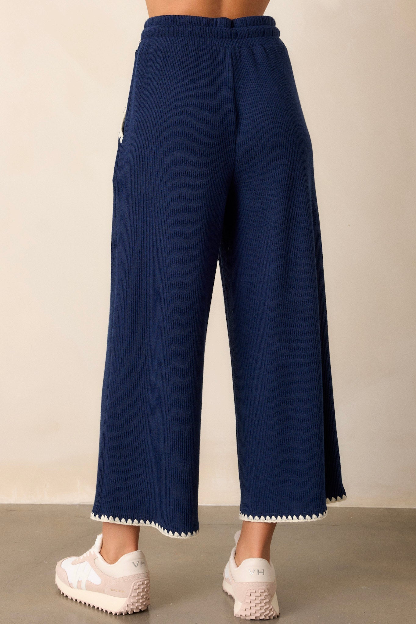 Anytime Now Navy Blanket Stitch Wide Leg Pants