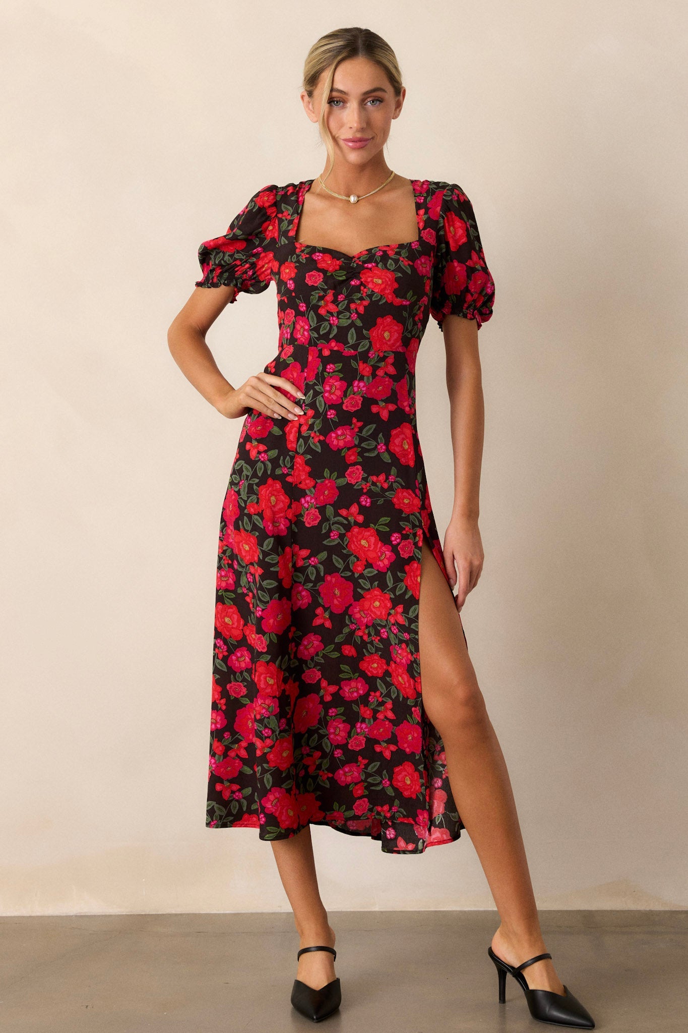All Eyes On You Red Floral Puff Sleeve Midi Dress