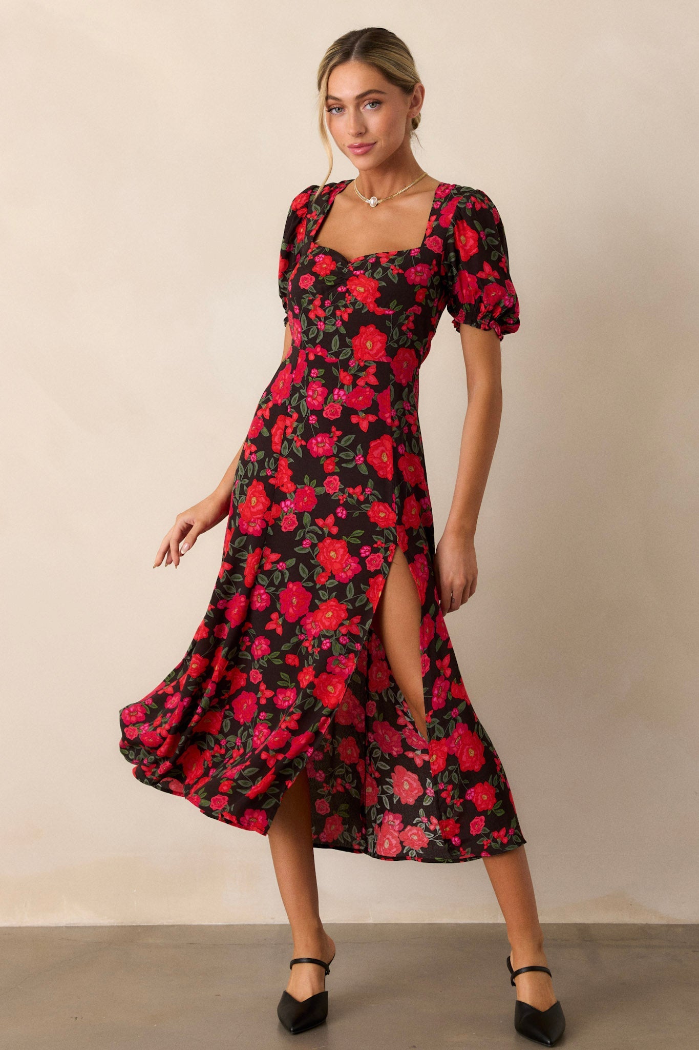 All Eyes On You Red Floral Puff Sleeve Midi Dress
