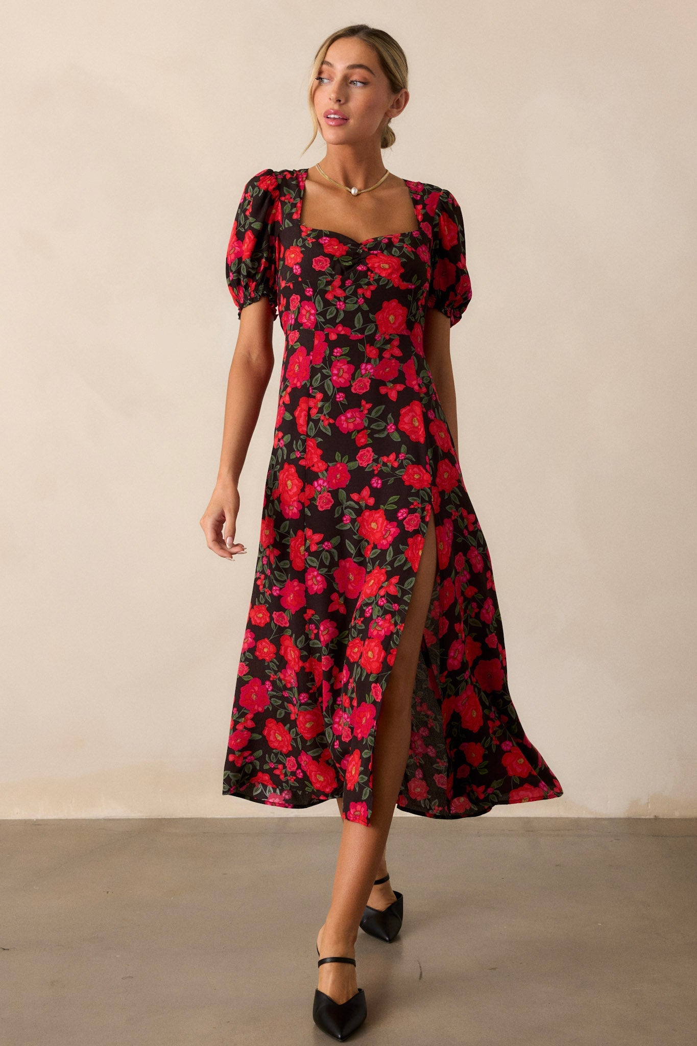 All Eyes On You Red Floral Puff Sleeve Midi Dress