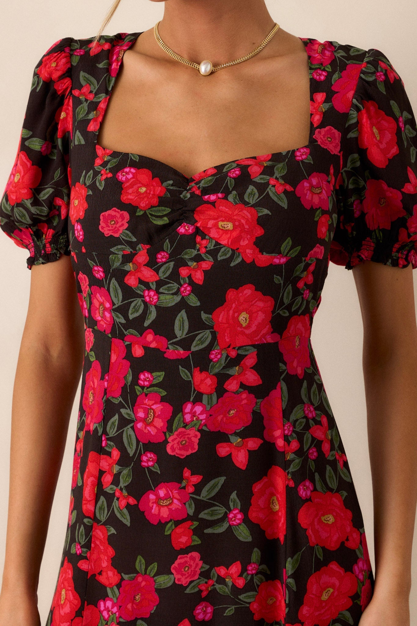 All Eyes On You Red Floral Puff Sleeve Midi Dress