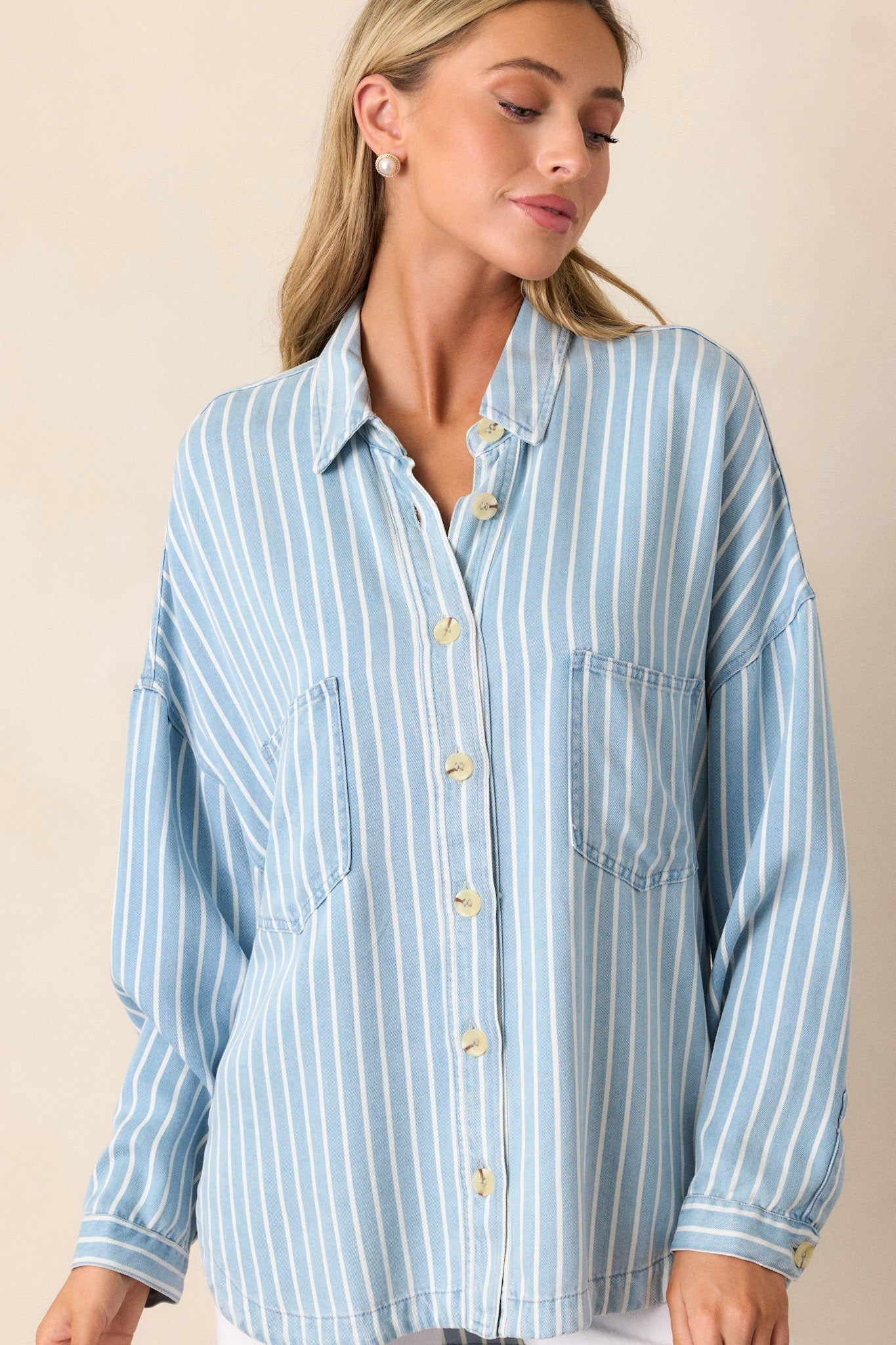 Always Lovely Blue Striped Chambray Top
