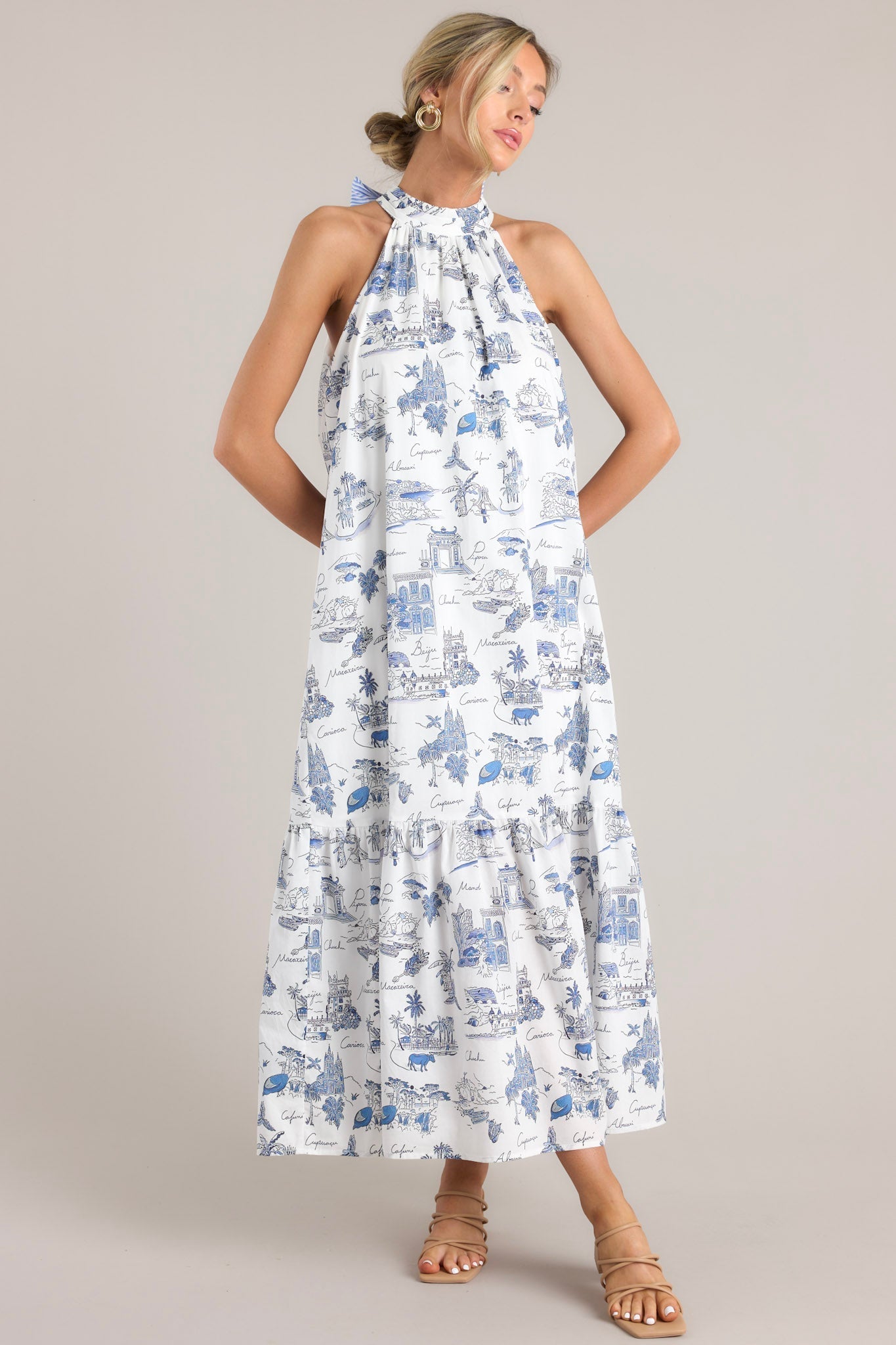 Beachside Party Blue & White Island Print Maxi Dress
