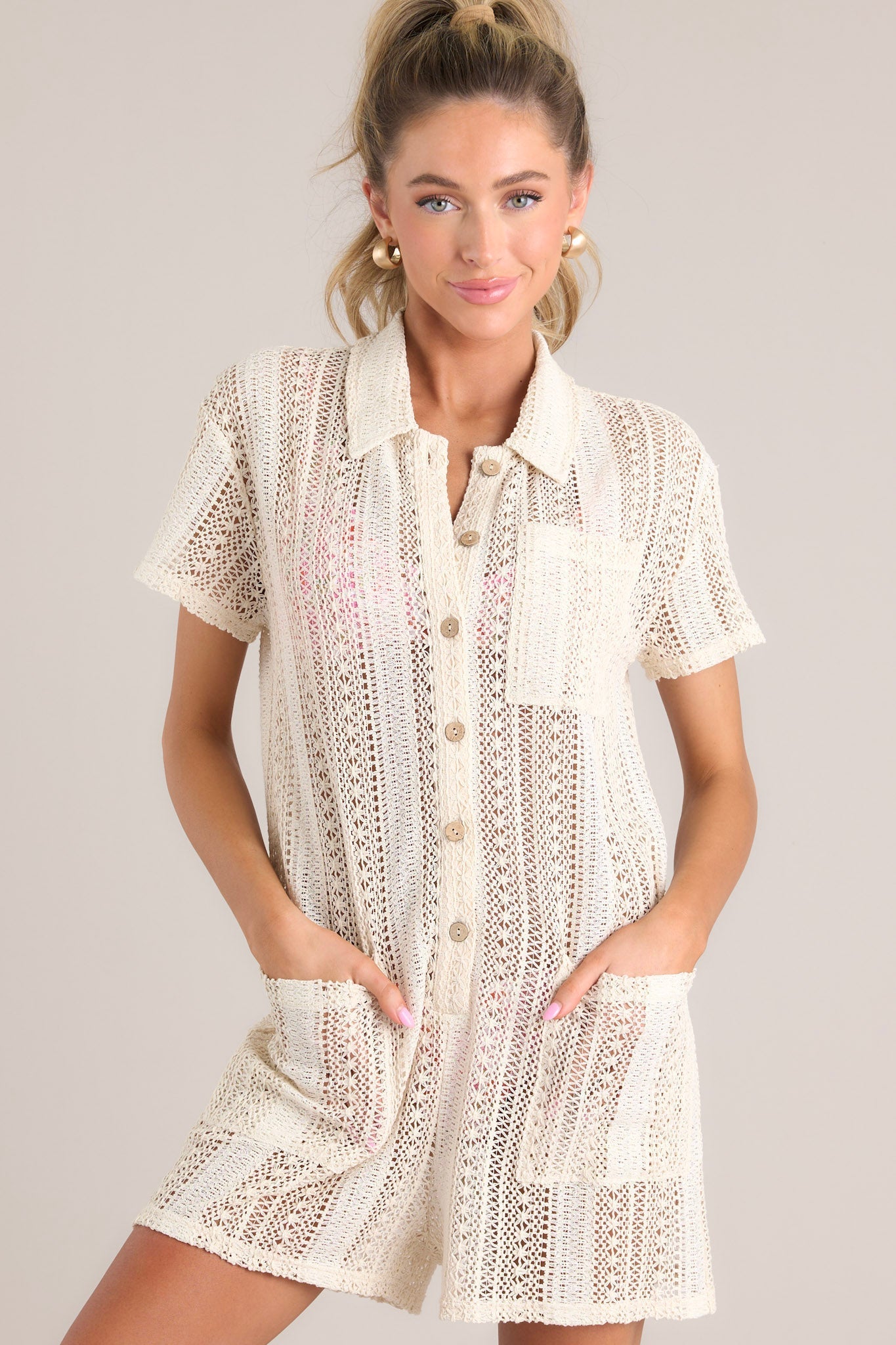 Beachside Romance Natural Open Knit Cover Up Romper