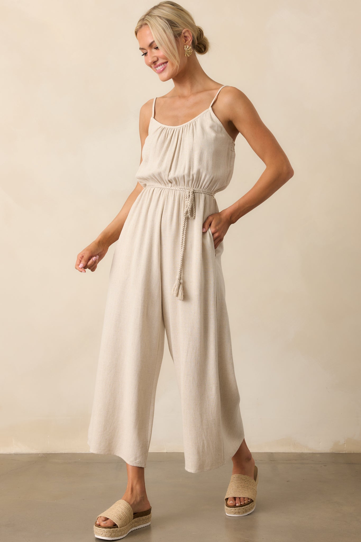 As Simple As That Natural Linen Blend Sleeveless Jumpsuit
