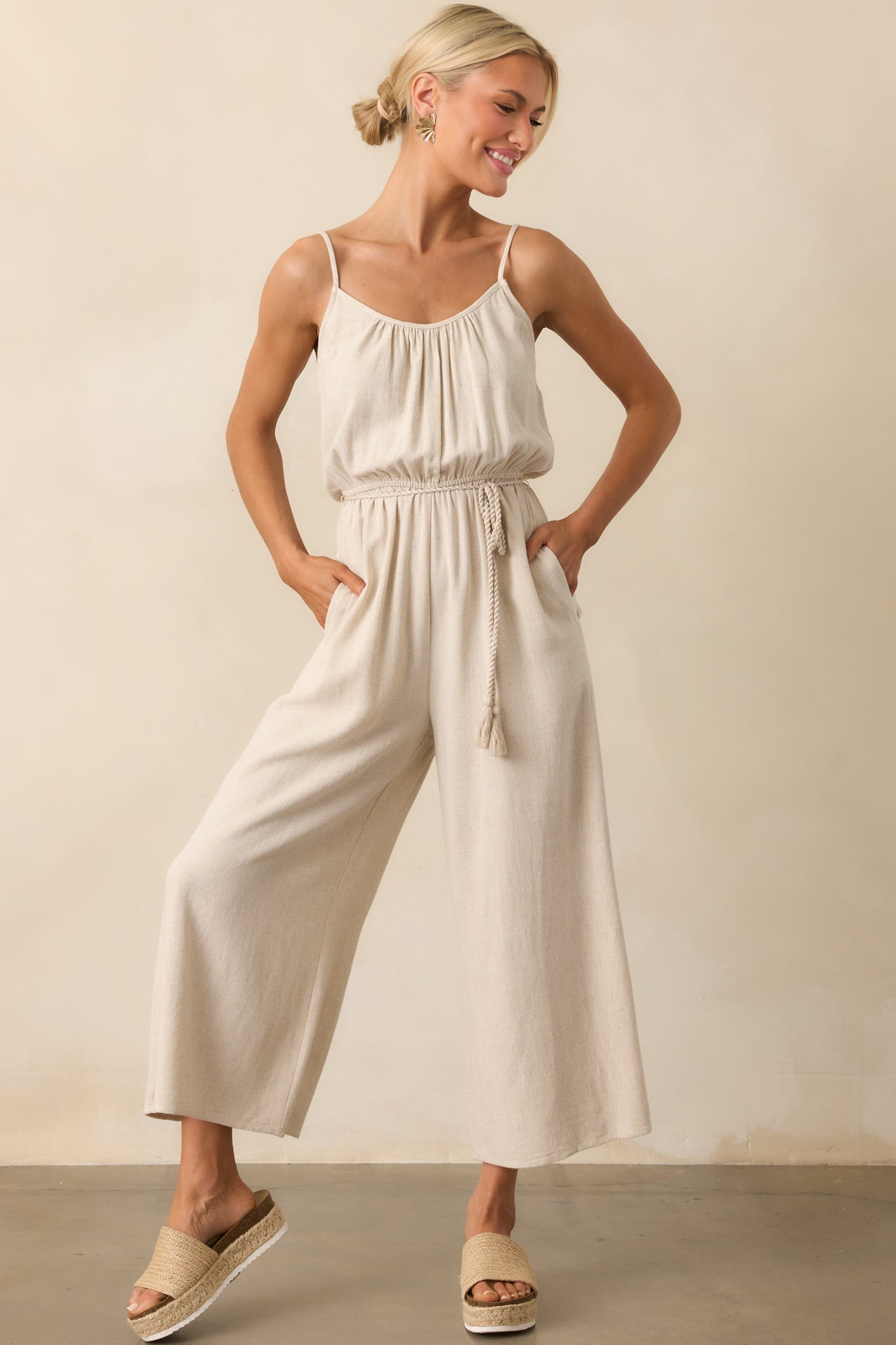 As Simple As That Natural Linen Blend Sleeveless Jumpsuit