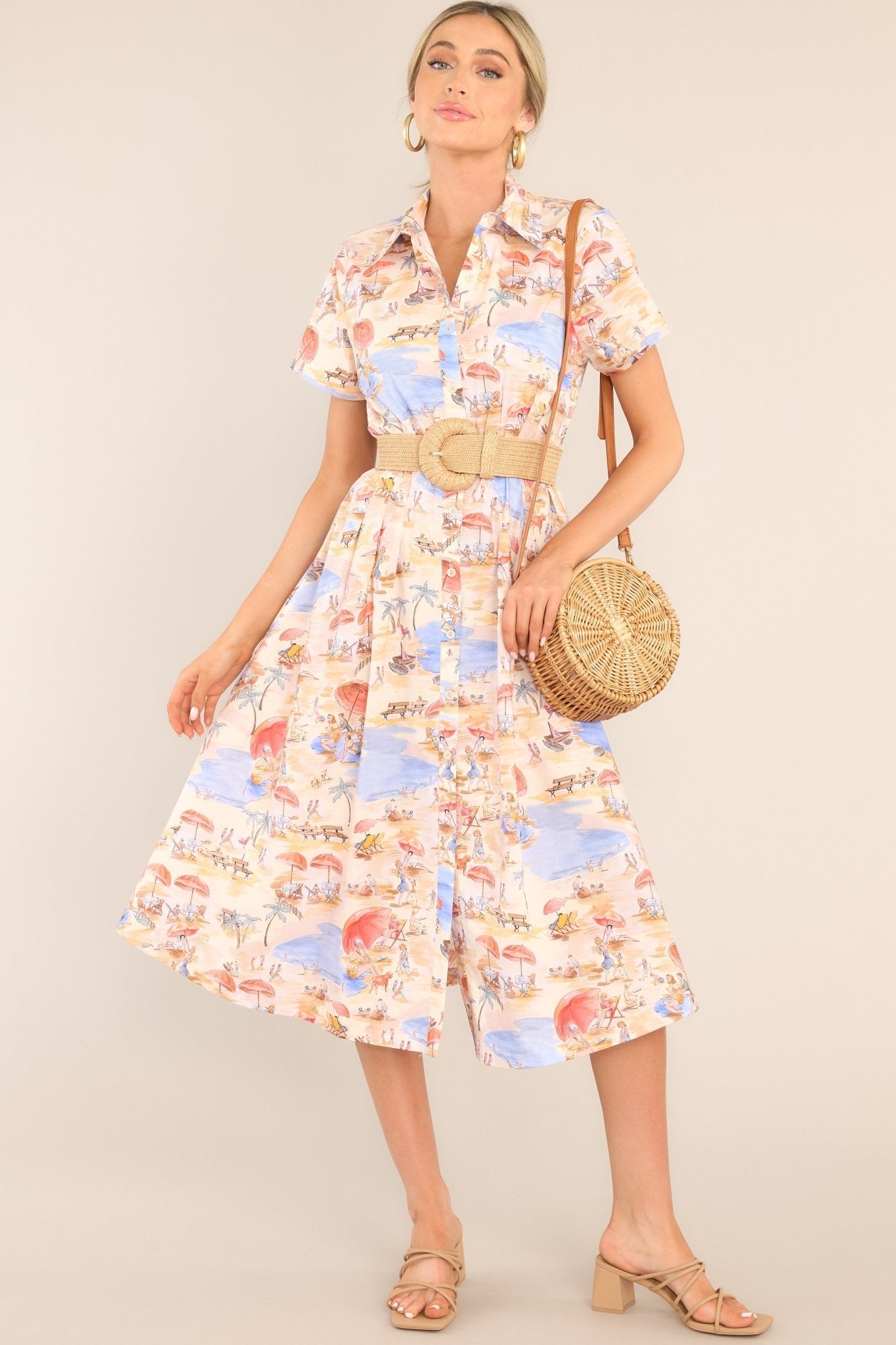 Best In Town Beige Island Print Cotton Midi Dress