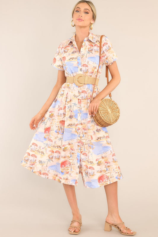 Best In Town Beige Island Print Cotton Midi Dress