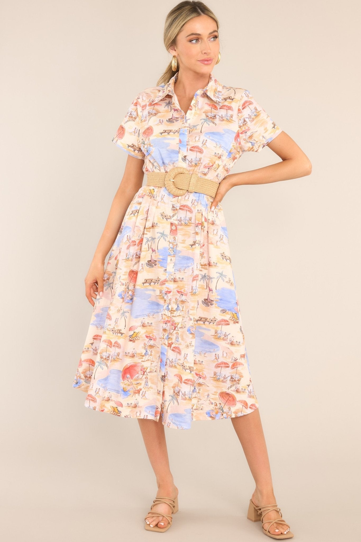 Best In Town Beige Island Print Cotton Midi Dress