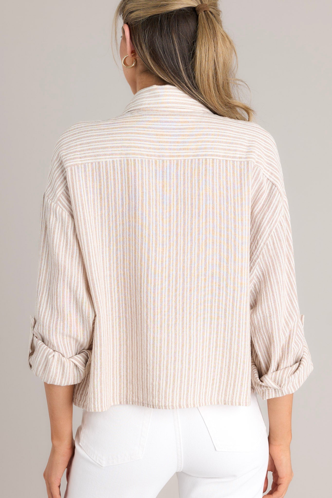 Beyond Boundaries Tan Stripe Button Front Top