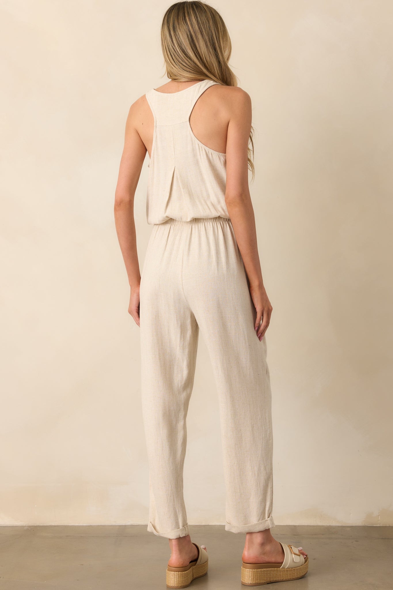 Anywhere And Everywhere Natural Linen Blend Sleeveless Jumpsuit