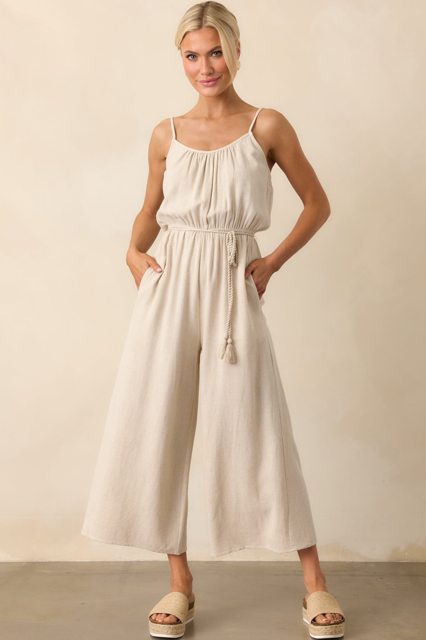 As Simple As That Natural Linen Blend Sleeveless Jumpsuit
